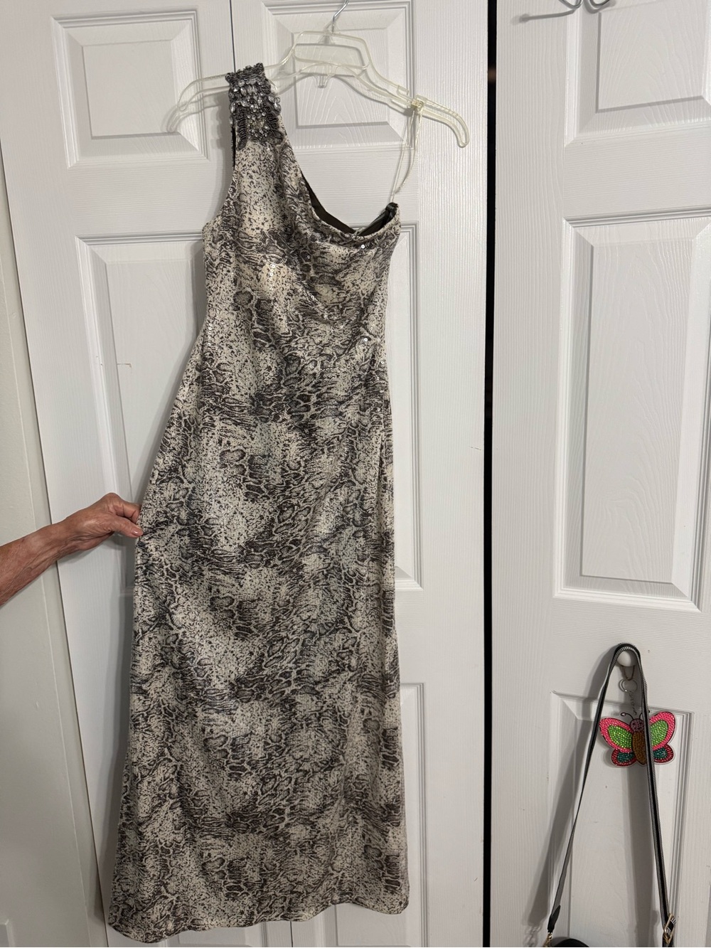 Cache One-Shoulder Beaded Strap Black and White Patterned Gown